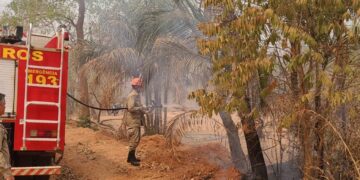 Corpo de Bombeiros combate incêndio em vegetação em Santo Antônio de Leverger