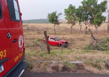 Bombeiros socorrem homem após capotamento de carro às margens de rodovia