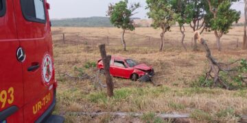 Bombeiros socorrem homem após capotamento de carro às margens de rodovia