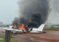 Piloto faz pouso forçado em fazenda de MT e avião pega fogo