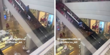 Mulher cai e fica presa em escada rolante; vídeo