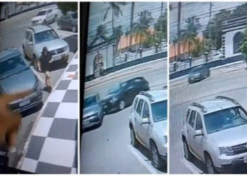Vídeo: Motorista esquece de puxar freio de mão, carro atravessa avenida e invade batalhão da PM