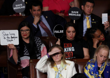 'Pare de mentir'; 'Isso não é normal'; 'Musk rouba': democratas enchem Congresso de placas para rebater Trump; FOTOS