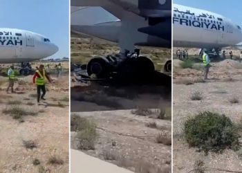 VÍDEO: Avião sai da pista e fica preso durante decolagem na Líbia