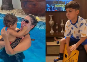 Léo, filho de Marília Mendonça, ‘toca’ o hit ‘Apaixonadinha’ da artista