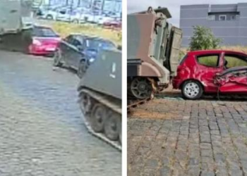 Tanque do Exército passa por cima de carro estacionado no PR; veja