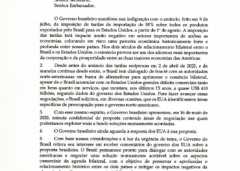 Veja a íntegra da carta enviada pelo governo Lula aos Estados Unidos sobre tarifaço de Trump