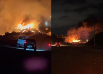 Caminhão carregado com algodão pega fogo após acidente e caminhoneiro morre carbonizado