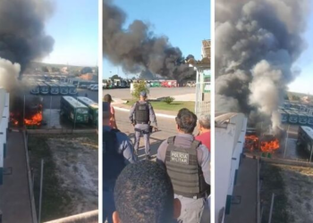 Fogo consome ônibus em pátio de empresa em Cuiabá