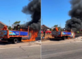 VÍDEO – Caminhão carregado com botijões de gás pega fogo em rodovia