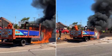 VÍDEO – Caminhão carregado com botijões de gás pega fogo em rodovia