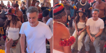 VÍDEO – Anitta e Luciano Huck participam de cerimônia no Xingu