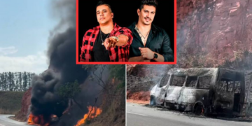 Van que levava dupla sertaneja pega fogo em rodovia; veja vídeo