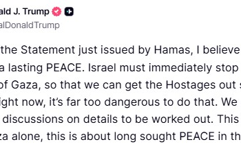 Trump diz que Israel deve parar ataques em Gaza 'imediatamente' após resposta do Hamas: 'Prontos para paz duradoura'