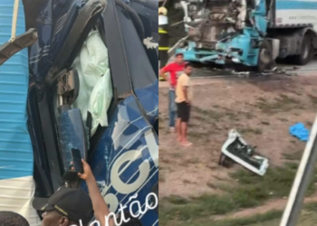Cabine de carreta foi esmagada em engavetamento que matou caminhoneiro