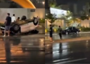 Carro capota em Cuiabá após batida perto do Shopping Três Américas; veja vídeo