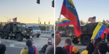É #FAKE que vídeo mostre caminhão militar com bandeira americana na Venezuela; cena ocorreu em janeiro nos EUA