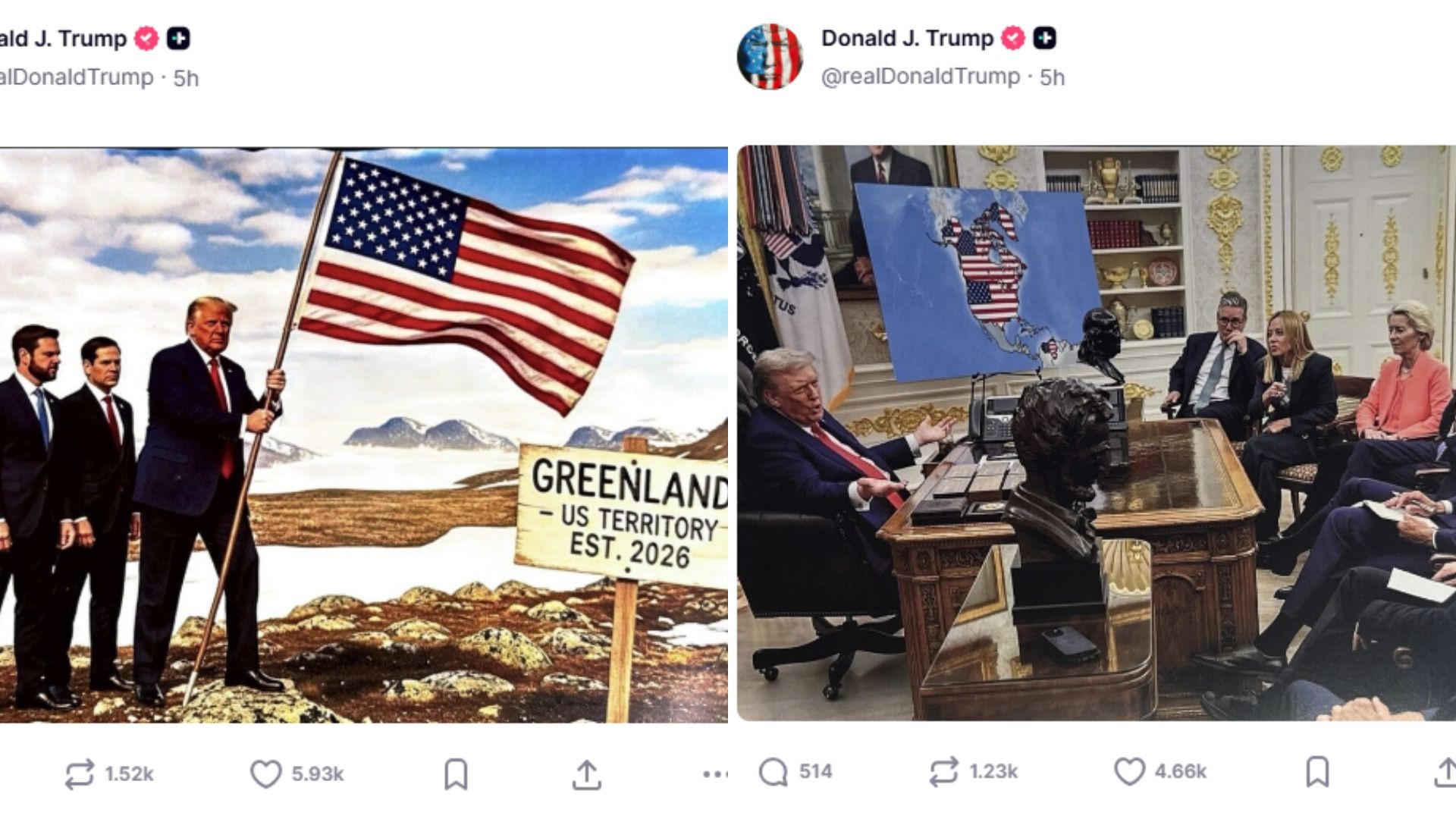 Trump posta montagem de IA em que finca bandeira dos EUA na Groenlândia