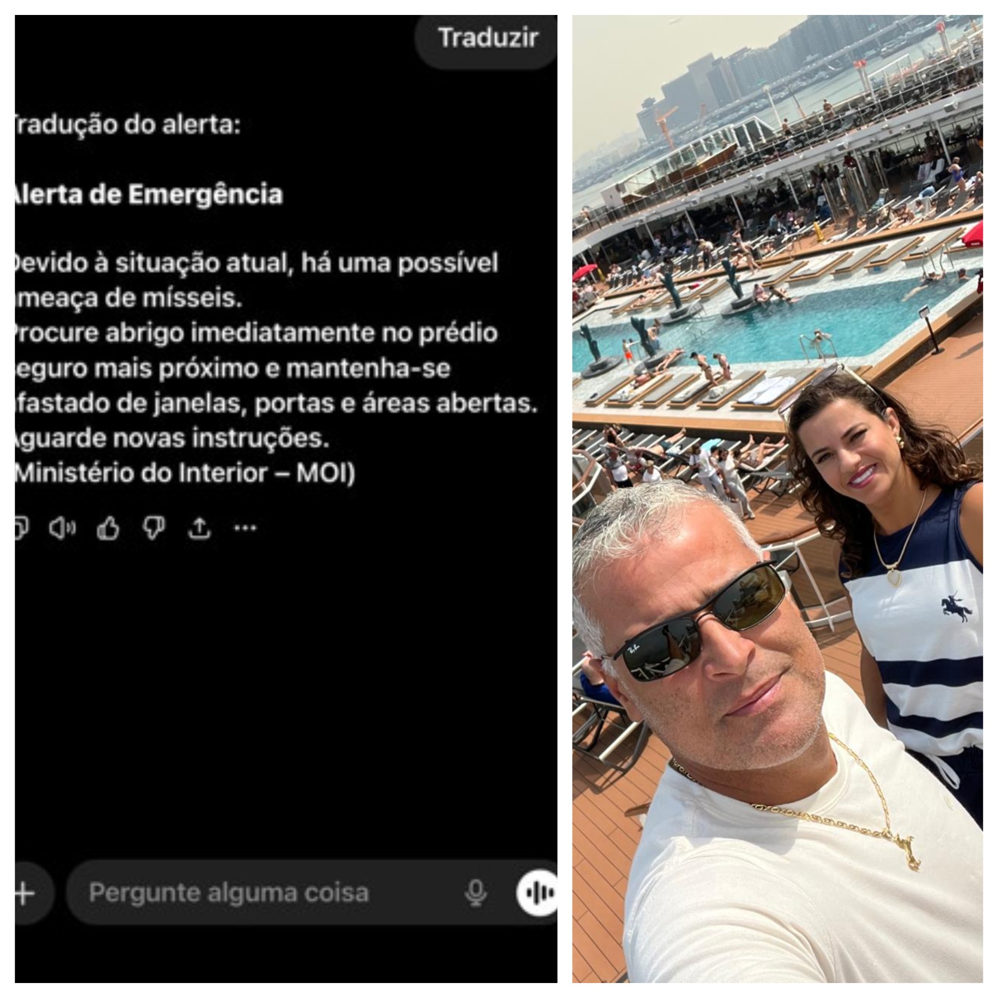'Procure abrigo imediatamente': carioca em cruzeiro em Dubai filma rastro de fogo no céu e recebe alerta no celular