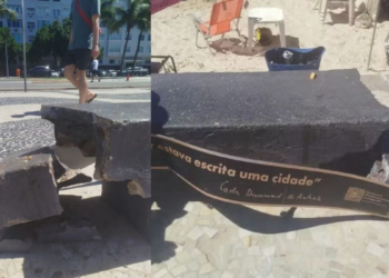 Estátua de Drummond sofre danos após turista tentar abrir coco em banco no Rio