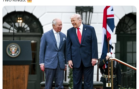 Casa Branca posta foto de Trump com Charles III e escreve: 'Dois reis'