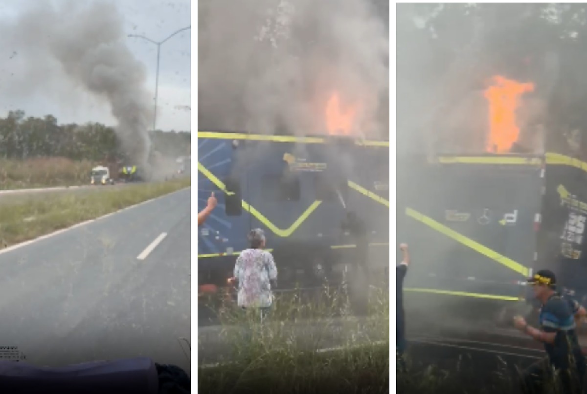 Motorhome da Fórmula Truck pega fogo na estrada da Chapada; veja vídeo